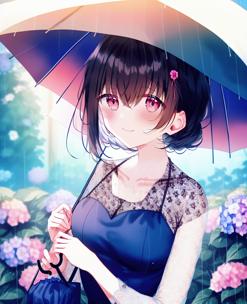 01783-657815923-1girl, hydrangea, flower, solo, umbrella, hair ornament, red eyes, rain, holding, outdoors, looking at viewer, holding umbrella,.png
